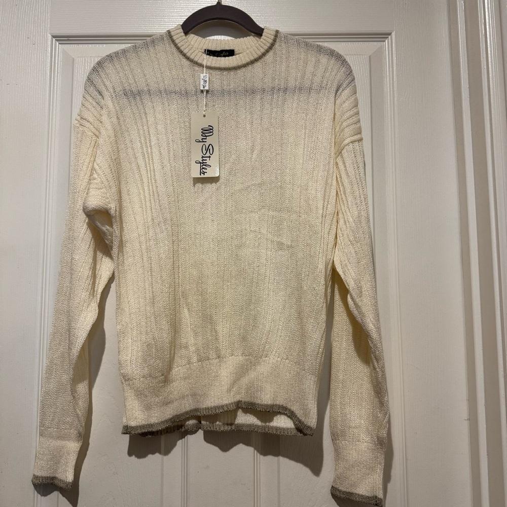 Vintage Deadstock Lightweight Made in Italy Cream Sweater Brown Accents 10